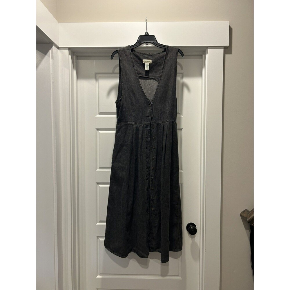 Vtg 90s LL Bean Sleeveless Button Black Denim Dress Jumper Size 8 Cottagecore